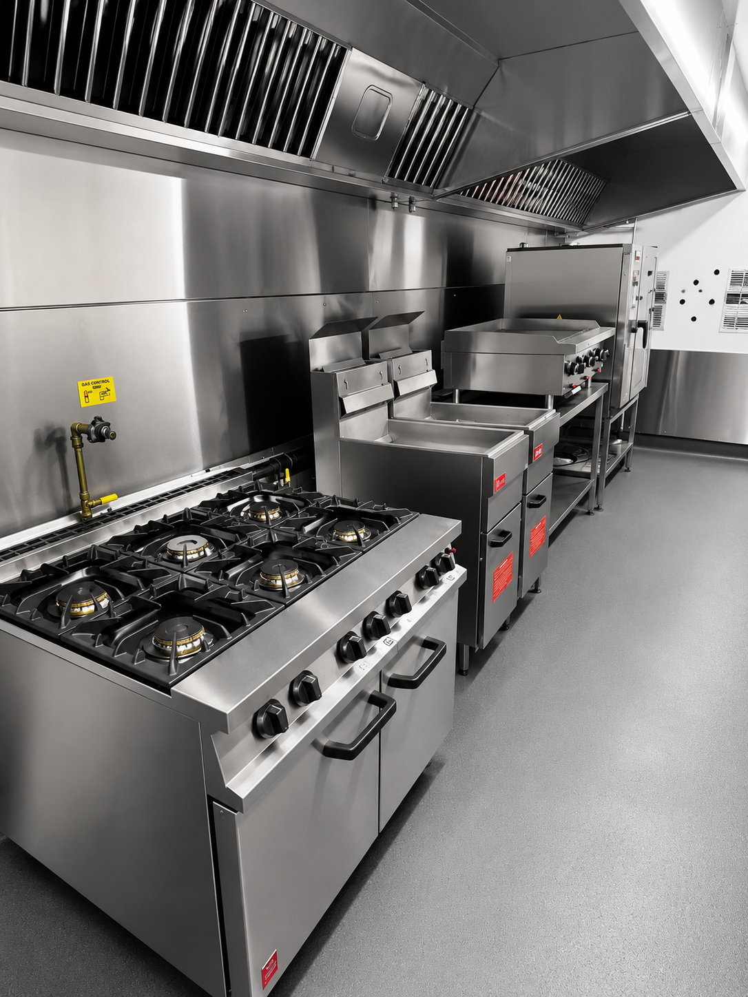 Commercial kitchen serviced by CaterAid Belfast — combi oven and stainless steel range